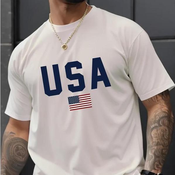 Men's Casual Crew Neck T-Shirt with USA Flag Print, Cotton Knit Fabric, Regular Fit Short Sleeve Tee men  gifts Casual Short Sleeve Crew Neck T-shirt usa tee