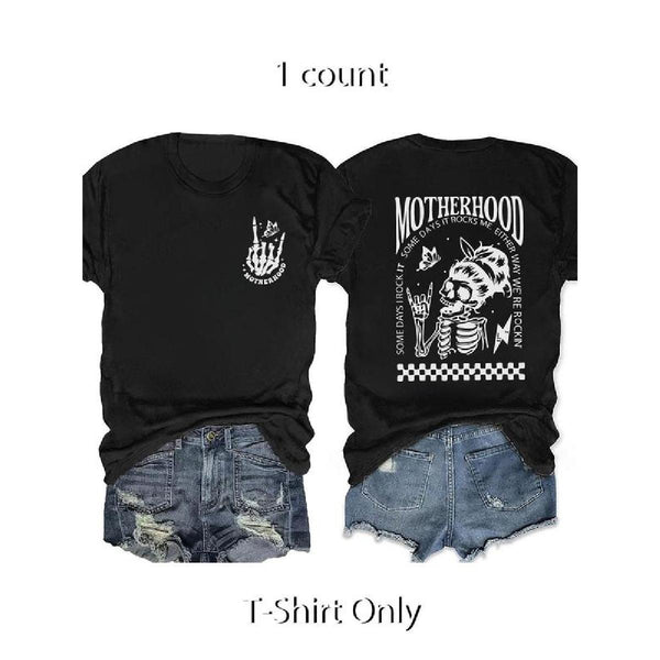 Women's Slogan Print Round Neck Tee, Graphic Tees, Women's Skull & Letter Graphic Round Neck Tee, Back-to-School Clothing, Drop Shoulder Half Sleeve T-shirt for Daily Wear, for All Seasons
